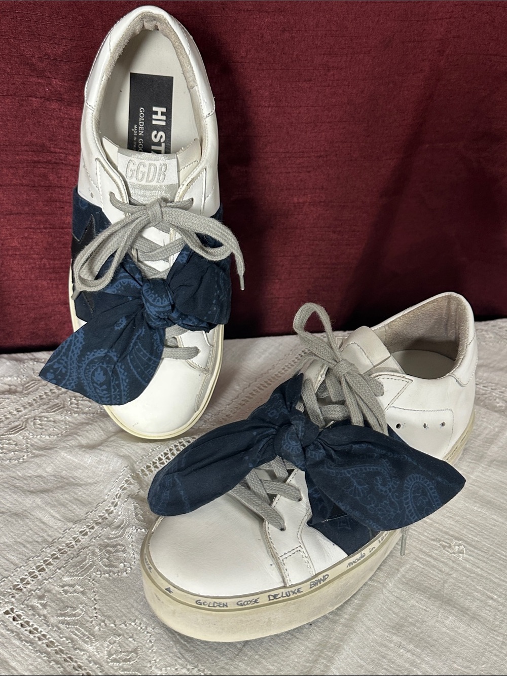 Golden Goose White Sneakers with Navy Bow Accents